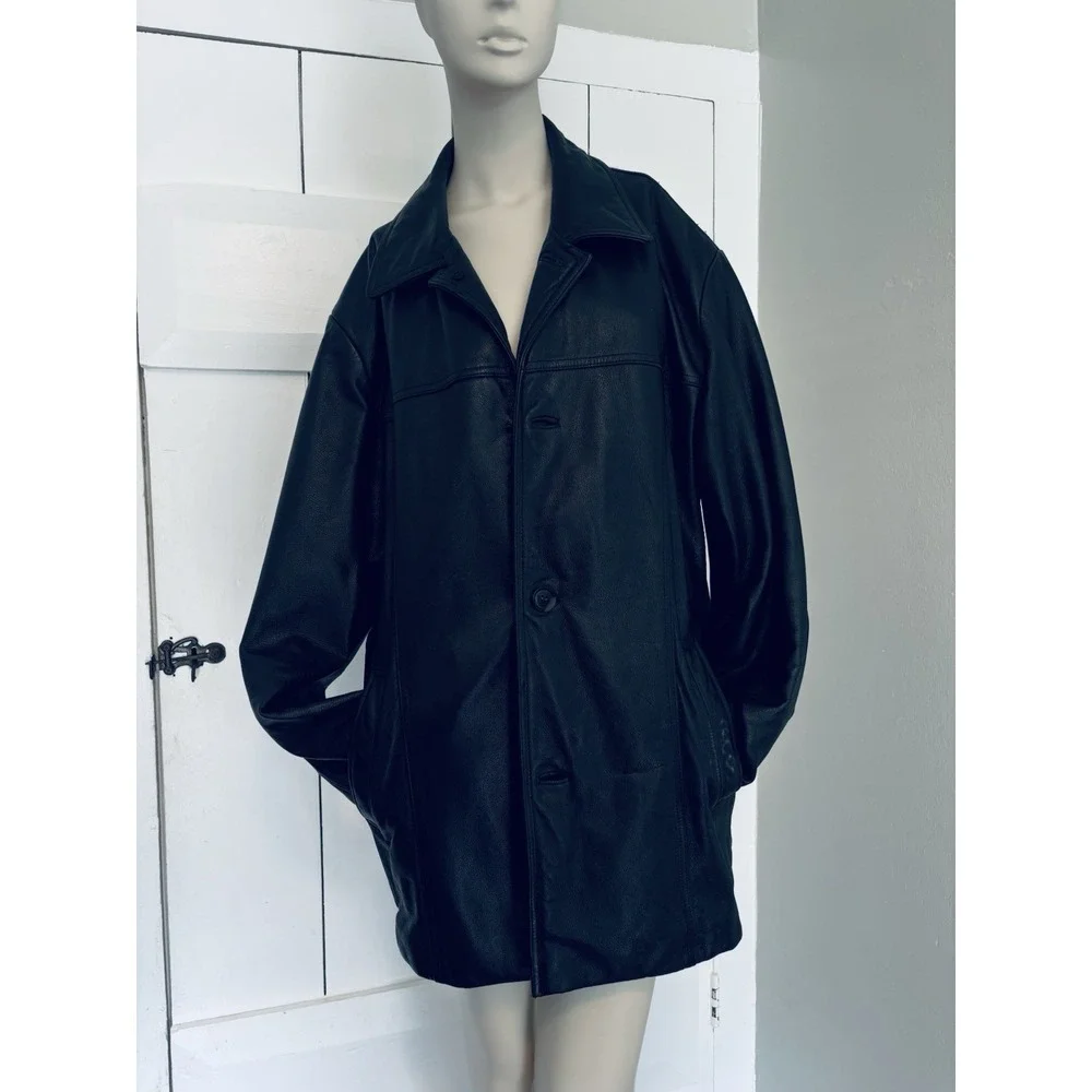 Dockers Men's 100% Leather Black Trench‎ Coat Jacket Quilted Lining Large Read